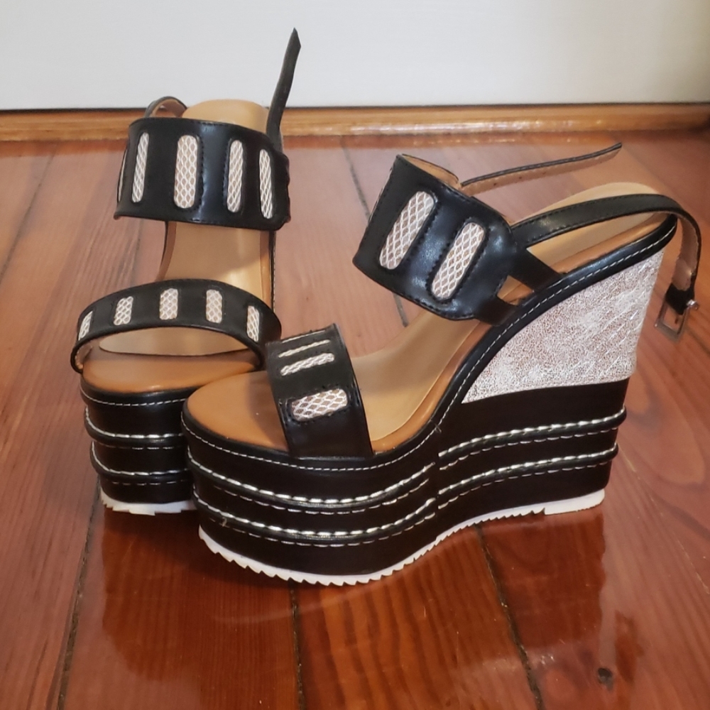High Silver Faux Snakeskin Platform Wedges